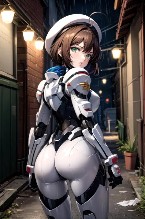 (masterpiece, best quality, detailed), 1girl, solo, looking at viewer, <lora:Kinomoto:1>, kinomotoai, <lora:mecha_offset:0.8>, mecha musume, gundam, (mecha), (full armor), outdoors, <lora:alley:0.85>, alleyway, night, dark, (rain), all fours, looking back, from behind, white headwear, beret, green eyes, cowboy shot, building, trash can, trash, bangs, brown hair, short hair, antenna hair, serious, parted lips