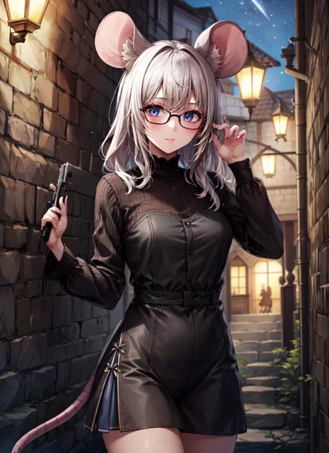 anime girl in a short black dress with a gun and mouse ears