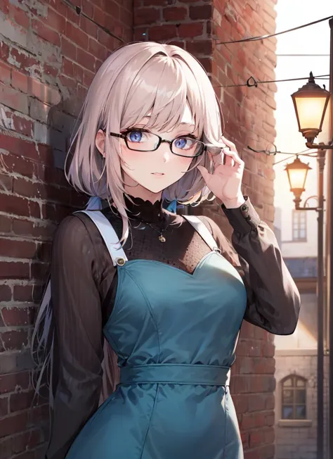 anime girl with glasses and a blue dress leaning against a brick wall