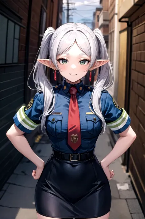 (masterpiece, best quality, detailed), 1girl, solo, looking at viewer, aafrie, long hair, white hair, twintails, pointy ears, earrings, thick eyebrows, flat chest, hair over shoulder,
policewoman, police uniform, police hat, necktie, pencil skirt, armband, breast pocket, holster, <lora:alley:1>, alleyway, industrial pipe, building, urban, power lines, cloudy sky, sign, dark, night, trash can, fisheye, hands on hips, smile, parted lips, smug