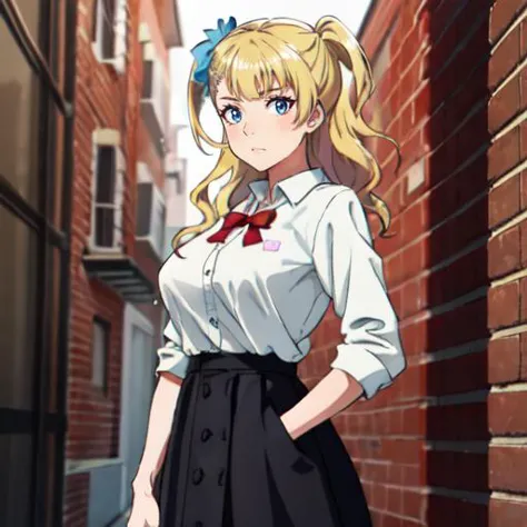 anime girl in a school uniform standing in front of a brick wall