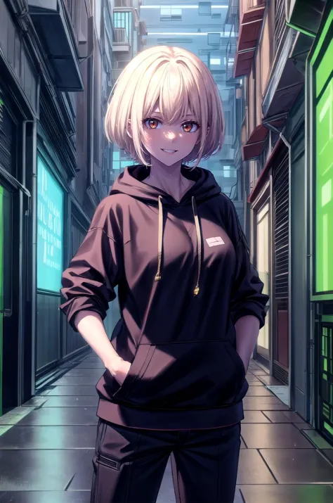 anime girl in a black hoodie standing in a narrow alley