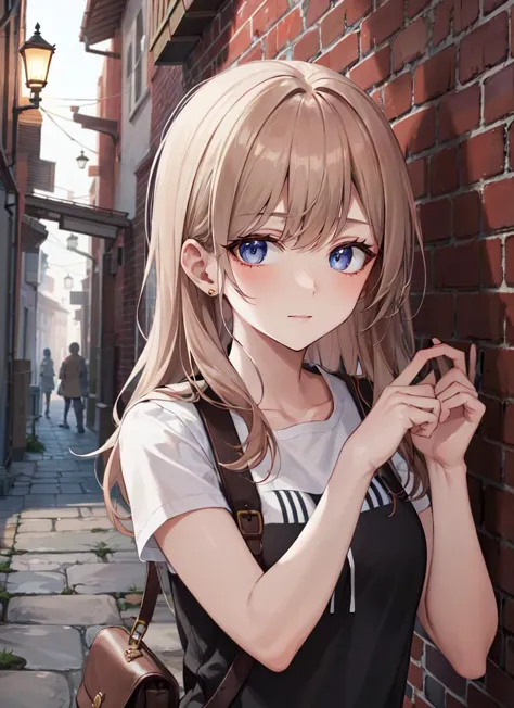 anime girl with long hair and blue eyes standing in front of a brick wall