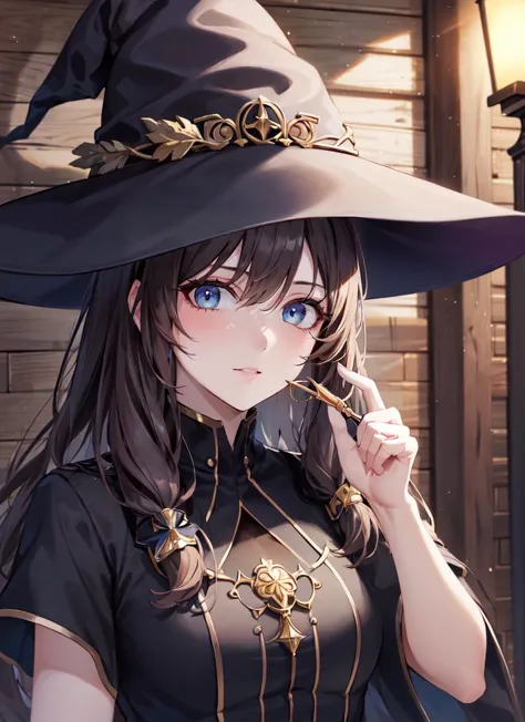 a woman in a witch hat is holding a wand