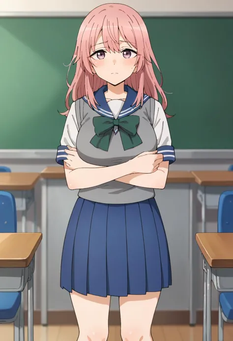 score_9, score_8_up, score_7_up, source_anime,
<lora:SonoBisqueDoll_InuiShinjuXL:0.8>, InuiShinju,
1girl, closed mouth, blush,
pink hair, long hair, lavender eyes, 
ShinjuSchool, school uniform, blue sailor collar, green bow, sweater vest, grey vest, blue skirt, pleated skirt,
standing, looking at viewer, knees, breast hold,
indoors, classroom, blurry background