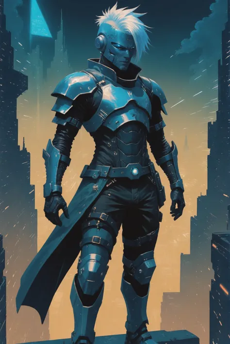 dynstopian cyberpunk, (full body:1.2), 1boy, man, handsome, solo, [:outlandish costume design,:0.2] warlock, bright powderblue (sci-fi mithril plate bracers,armor,chestplate,gauntlets,helmet,greaves:1.2), caucasian, lightcyan hair, (average:1) build, indescribable,ghostly fantasy sky city beyond the end of the universe<lora:EnvyStarlightDystopianCyberpunk01:1>