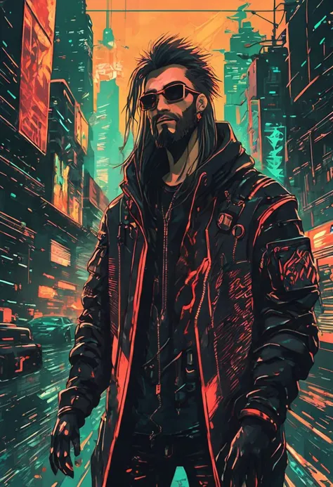 dystopian style anime artwork {Masculine male, Long hair, epic long beard, aviator sunglasses, leather jacket, torn tactical jeans, fingerless leather gloves, dystopian cyber city background} . anime style, key visual, vibrant, studio anime, highly detailed, post-apocalyptic, somber, dramatic, highly detailed, neon, dystopian, futuristic, digital, vibrant, detailed, high contrast, reminiscent of cyberpunk genre video games