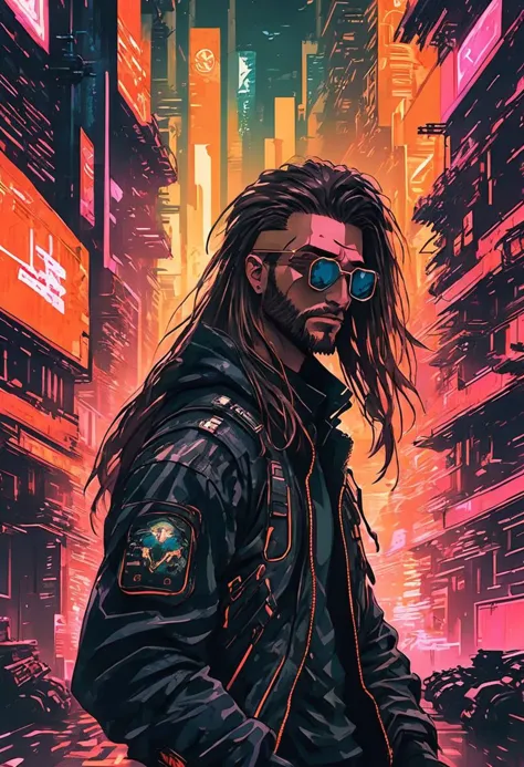 a man with dread hair and sunglasses standing in a city