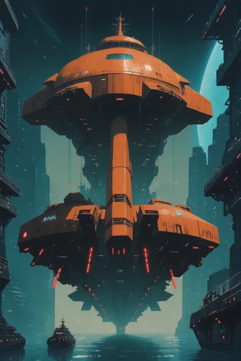 a futuristic city with a spaceship floating in the sky