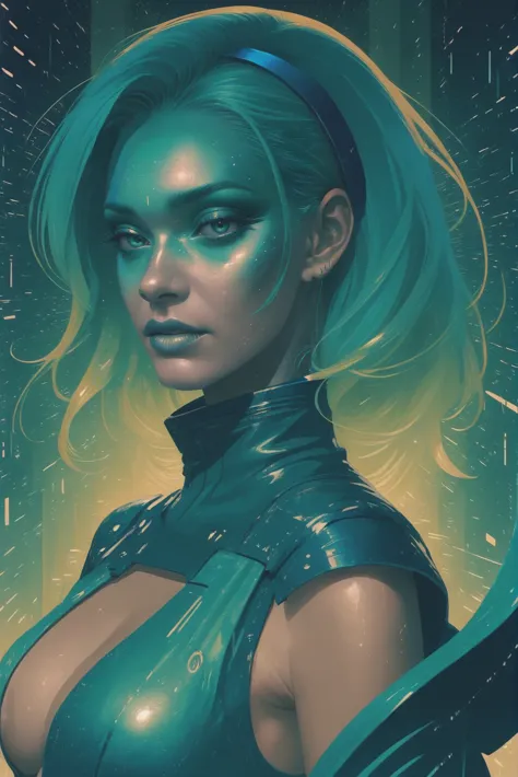 a woman with green hair and blue eyes in a futuristic outfit