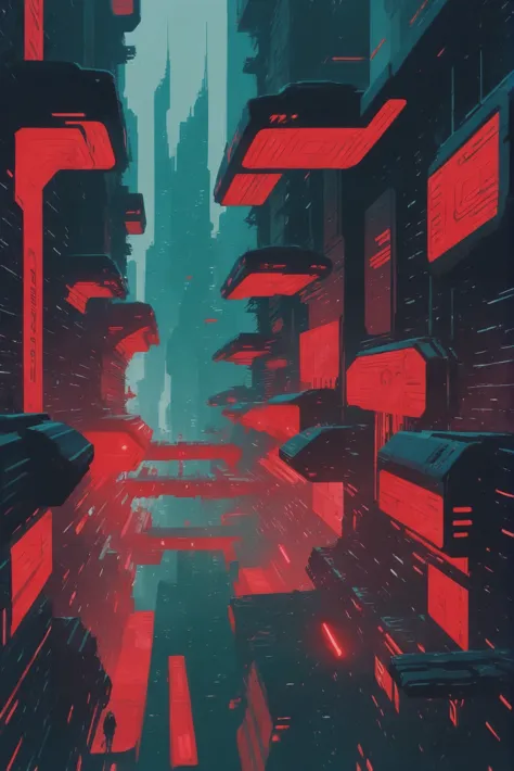 a digital illustration of a futuristic city with red lights