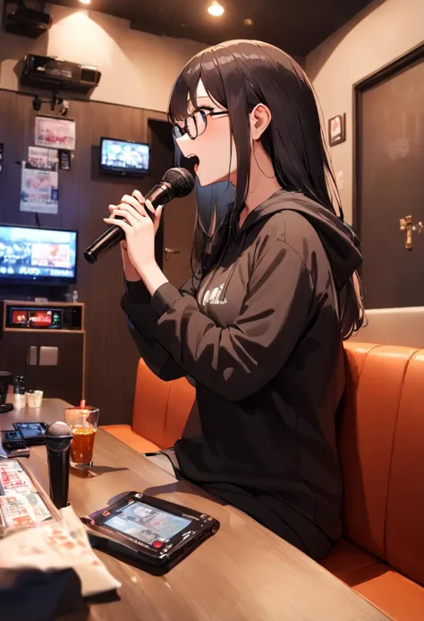 anime - style image of a woman sitting at a table with a microphone