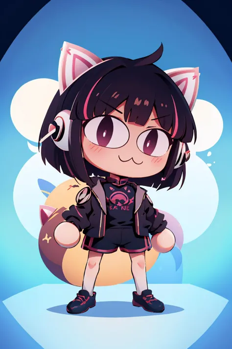 (masterpiece, best quality:1.2), chibi, solo, 1girl, necoarc, cytusNEKO, :3, streaked hair, cat ears, headphones, slit pupils, black jacket, long sleeves, black sleeveless shirt, black shorts <lora:necoarc:1> <lora:cytusneko-nvwls-v1:0.9>