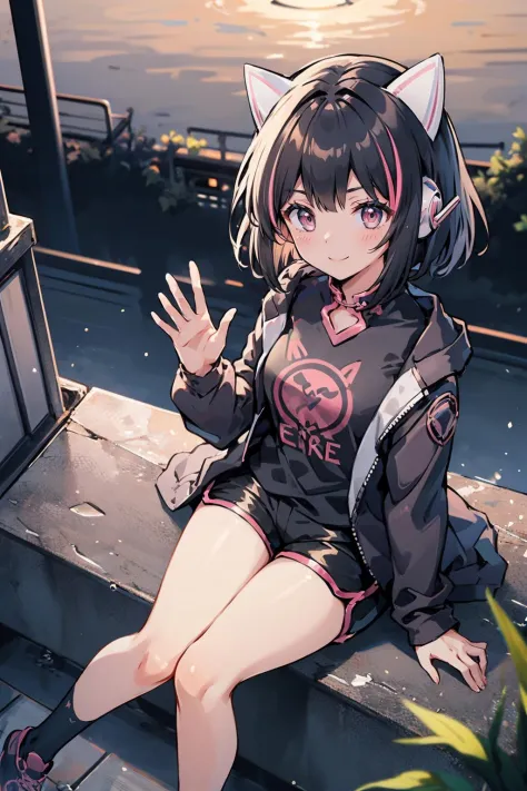 masterpiece, best quality,  cytusNeko, streaked hair, cat ears, headphones, black jacket, long sleeves, black sleeveless shirt, black shorts, sitting, from above, smile, waving, night, stairs