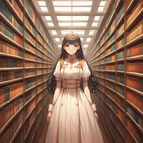 anime girl in a library with bookshelves and a long white dress