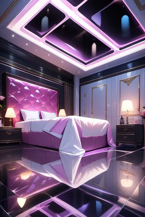 a close up of a bed in a room with a purple headboard