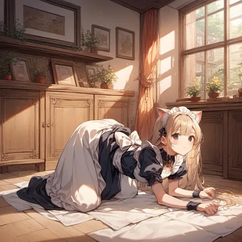 anime girl laying on the floor with a cat on her back