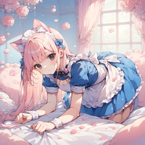 anime girl laying on bed with pink flowers in her hair