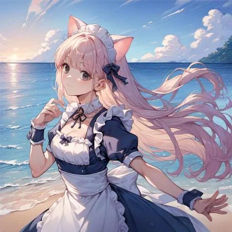 anime girl with long pink hair standing on the beach