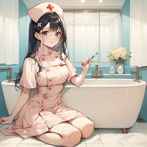 anime girl in a pink dress sitting on the floor in front of a bathtub