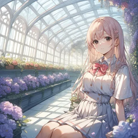 anime girl sitting in a greenhouse with flowers in her hand