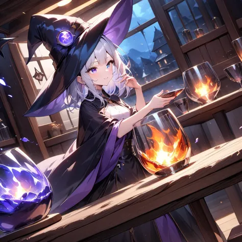 best quality, very aesthetic, absurdres, <lora:glassgirl:0.1> fire in glass cup,blue water in glass cup,wind in glass cup,stone in glass cup <lora:lovehotelPony01:1>  reflection ground <lora:weaponbook:0.7> strike,witch hat,wood table, <lora:backgroundsetXL:0.2> dark night,glowing,(indoors),black magic,(side angle)