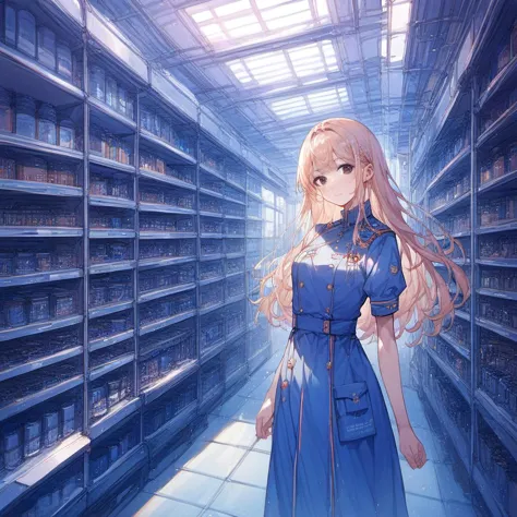 anime girl in blue dress standing in a library aisle