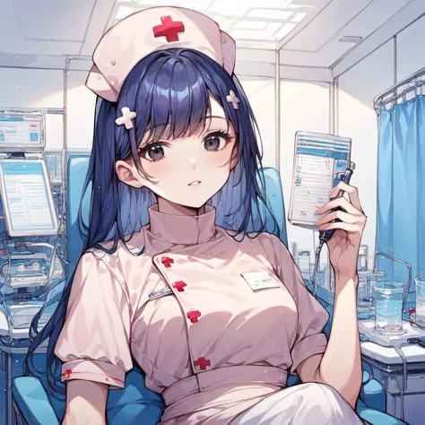 anime nurse holding a cell phone in a hospital room