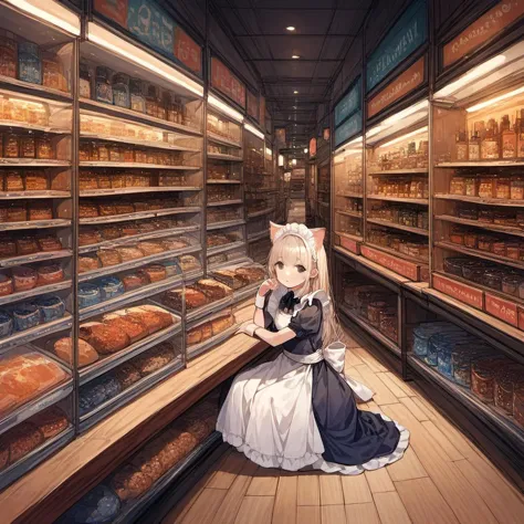 anime girl in a bakery with bread and buns