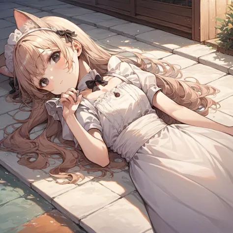 anime girl laying on the ground with her head on her hands