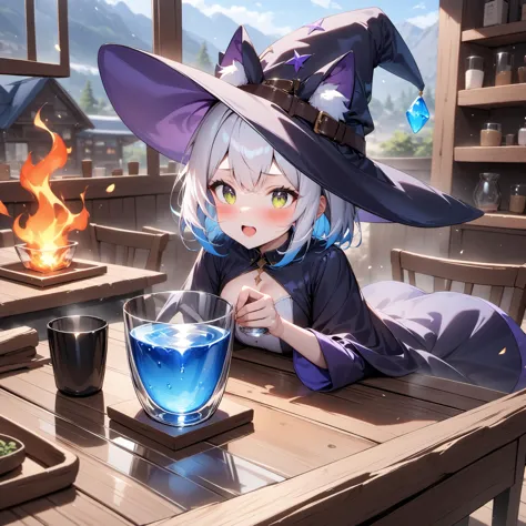 anime girl in witch costume sitting at a table with a glass of blue liquid