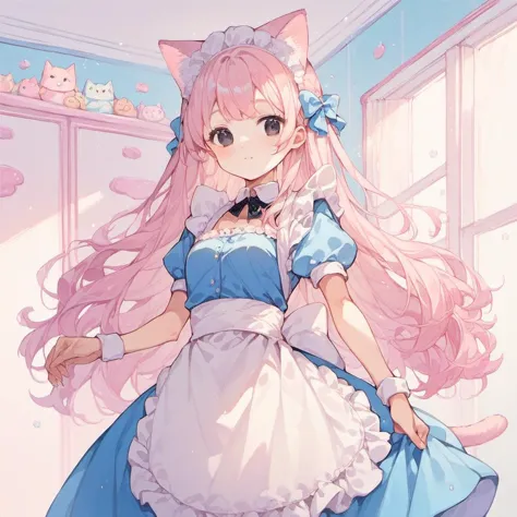 anime girl in a blue and white dress with a pink cat