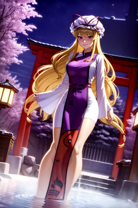 masterpiece, best_quality, 1girl, solo, yakumo yukari, shrine, night, flowing dress, blonde hair, mob cap,