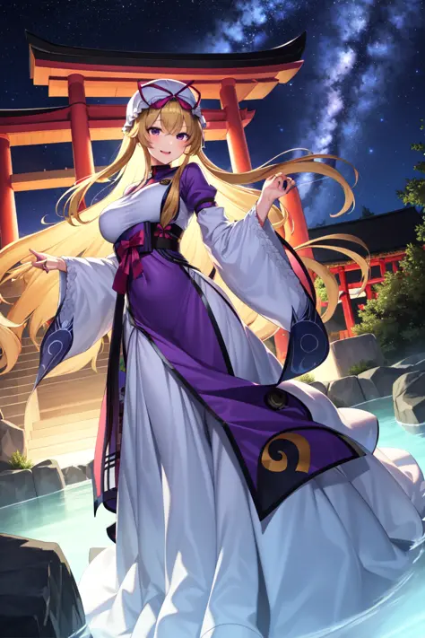 masterpiece, best_quality, 1girl, solo, yakumo yukari, shrine, night, flowing dress<lora:yukari_v1:0.8>