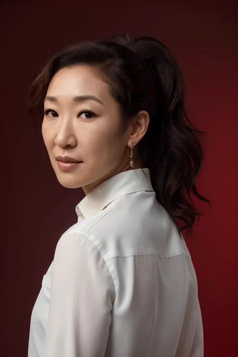 <lora:sandra oh v1.0:0.8> sandra oh, woman, ultra-realistic, highly-detailed, 4k, masterpiece, red background, white shirt with long sleeves, close-up portrait, backlight, ponytail,