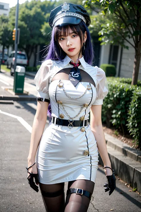 araffe dressed in a white dress and black gloves walking down a street