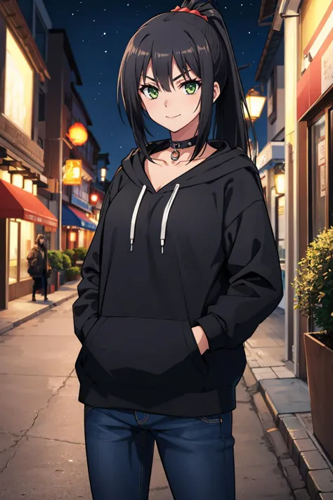 anime girl in black hoodie standing on street at night