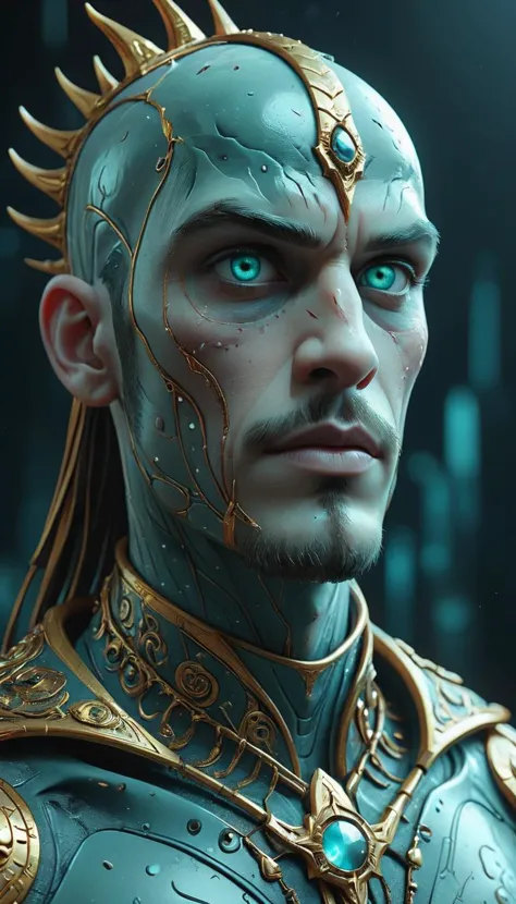 a close up of a man with a blue eye and a gold crown