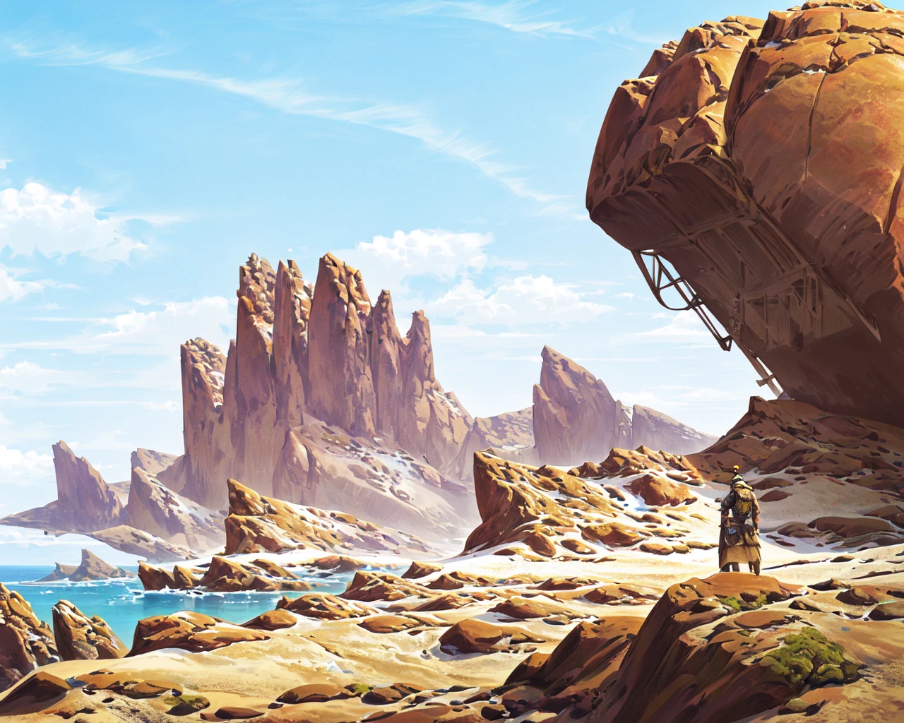 a man standing on a cliff overlooking a desert landscape with a giant rock formation in the foreground and a ship in the distance