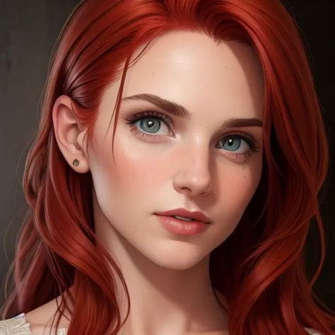 a close up of a woman with red hair and blue eyes