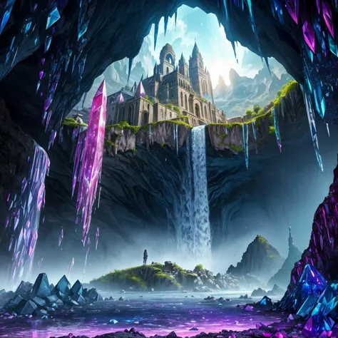 (ancient City:1.1) in a (Cave made of crystals and gems:1.2), buildings, waterfall, bright, colorful, magical, mystical, (final fantasy:0.8), detailed, sharp, HD, HDR, masterpiece, best quality, best resolution, splashscreen, cinematic lighting, depth of field, epic, dramatic