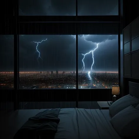 a view of a bedroom with a large window and a lightning bolt