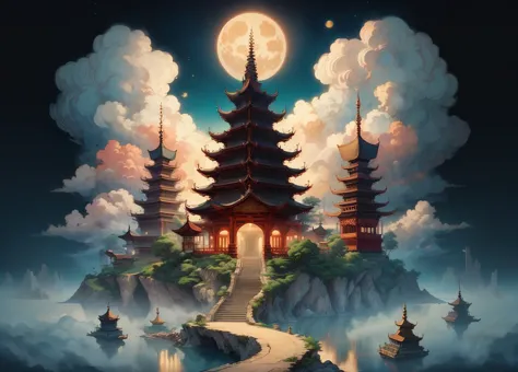 a painting of a pagoda in the middle of a lake