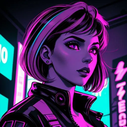 a woman in a futuristic outfit with a neon background