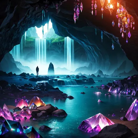 a man standing in a cave with crystals and water