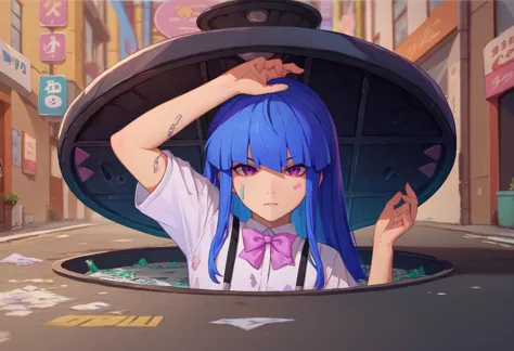 score_9, score_8_up, score_7_up,  1girl, Majima everywhere, manhole cover, arm up, <lora:Majima everywhere 3-000009:1>         <lora:Furude Rika:1> furude rika, blue hair, purple eyes,  white shirt, pink bow, suspenders,  street,