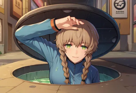 score_9, score_8_up, score_7_up,  1girl, Majima everywhere, manhole cover, arm up, <lora:Majima everywhere 3-000009:1>     <lora:Amane Suzuha:1> amane suzuha, short hair, twin braids, green eyes, brown hair, blue jacket,