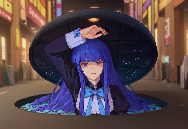 score_9, score_8_up, score_7_up,  1girl, Majima everywhere, manhole cover, arm up, <lora:Majima everywhere 3-000009:1>       <lora:BernCAMENoiise:1> frederica bernkastel, long hair, blue hair, purple eyes, black dress,  blue bow,