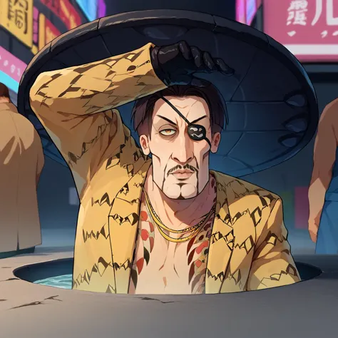 score_9, score_8_up, score_7_up,  1boy, Majima everywhere, manhole cover, arm up, <lora:Majima everywhere 3-000008:1>   majimaDEF, eyepatch, tattoo, necklace, jacket, animal print, open clothes, black gloves,  handsomize    <lora:majima-guy-PONYv1:1> <lora:handsomize_x_pdxl_v1:1>