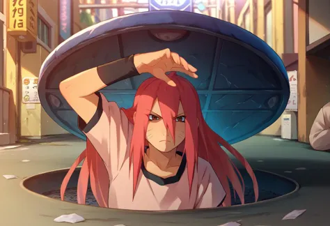 anime girl with red hair in a hole in a city